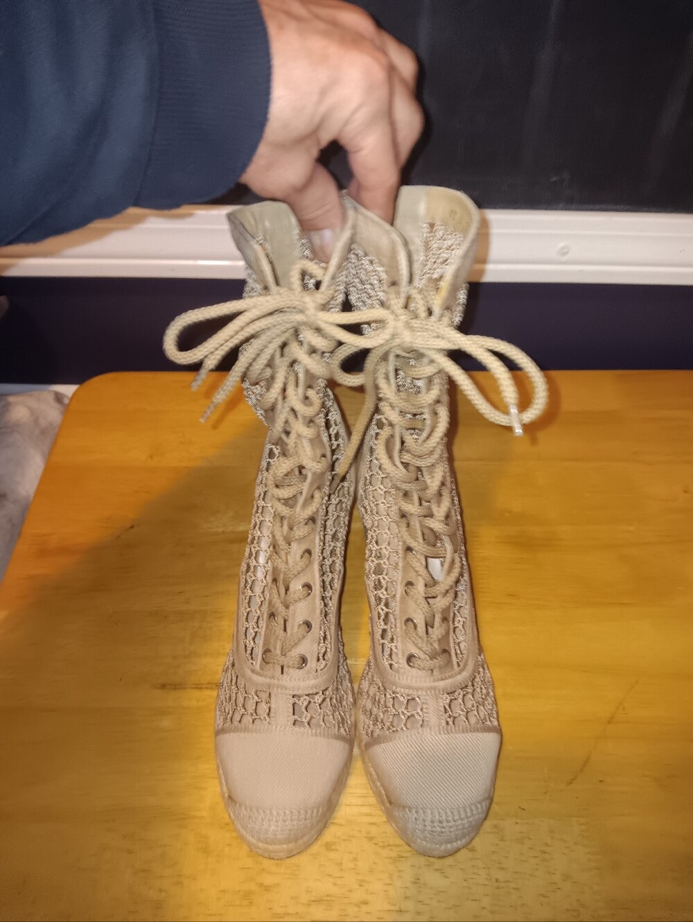 Christian Dior Beige Naughtily-D Canvas Fishnet Wedge Boots Size 6 1/2